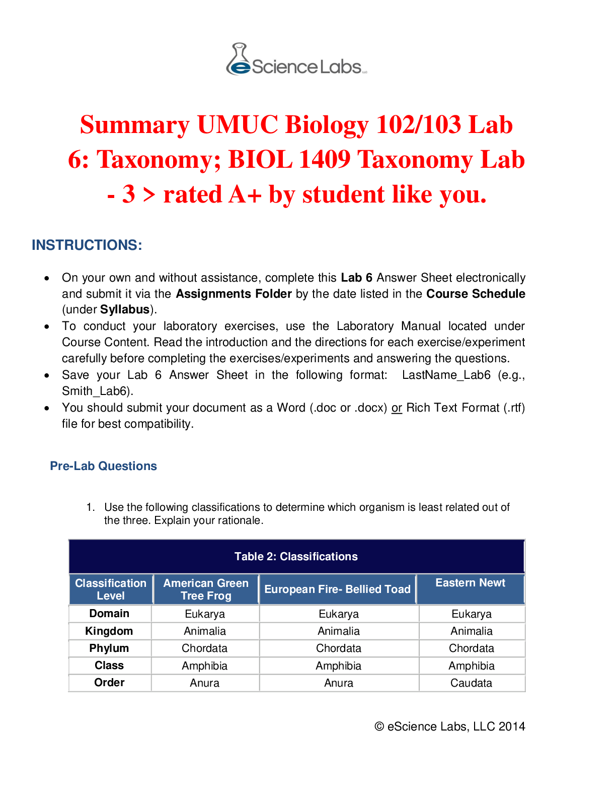 Preview image for summary UMUC Biology 102/103 Lab 6: Taxonomy; BIOL 1409 Taxonomy Lab - 3 > rated A+ by student like you.